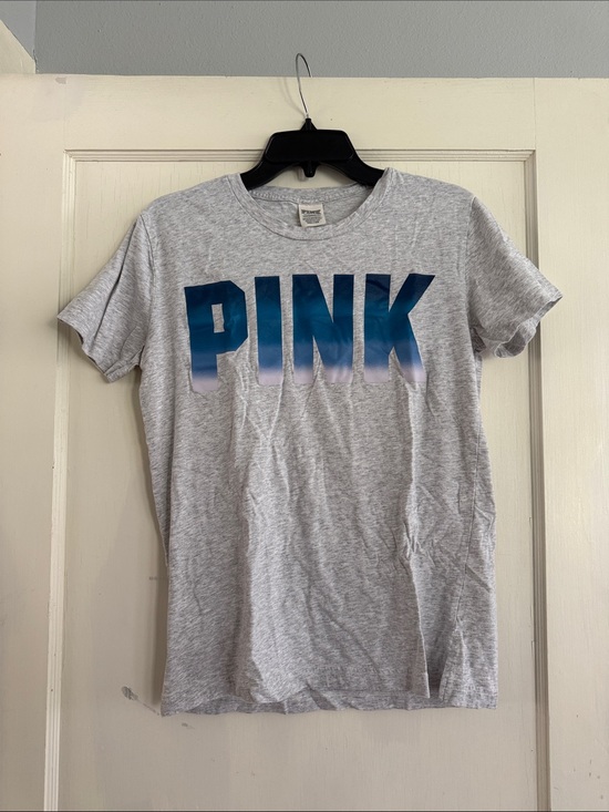 PINK Victoria's Secret Tops - PINK Victoria's Secret Gray Tee with Blue Ombre Logo